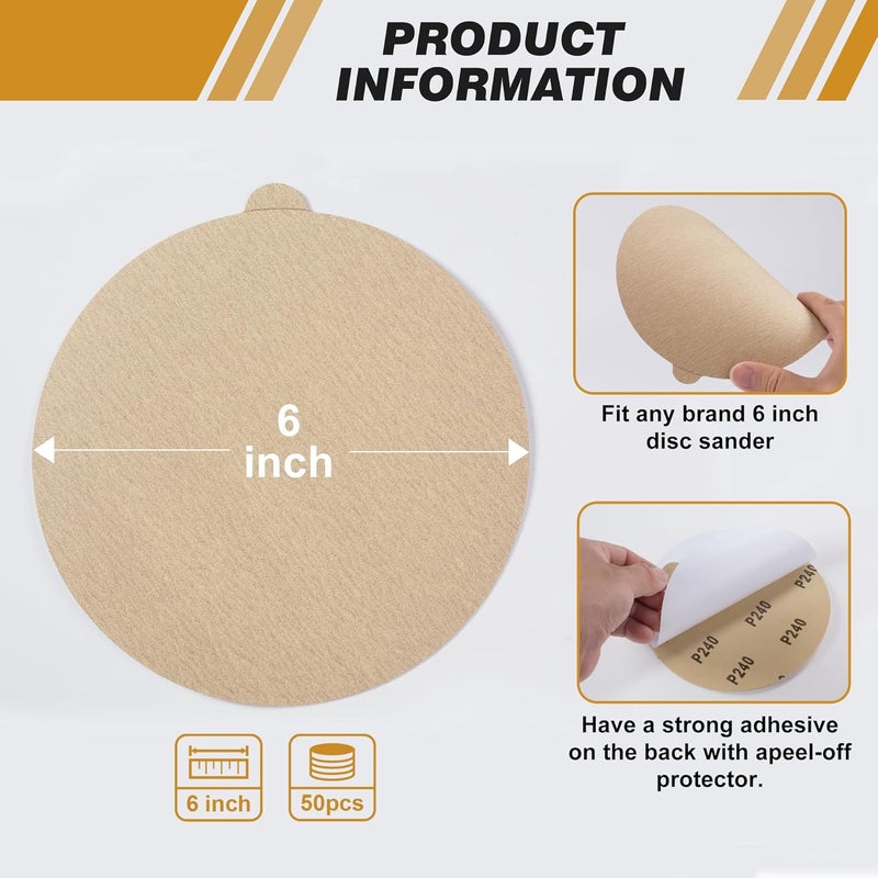 Shawya PSA Sanding Discs 50 PCS 6 Inch 240 Grit Self Adhesive Sticky-Back Sandpaper for DA Sander Finishing Abrasive Sand Paper Woodworking Wood Metal Sanding Disc - Image 4